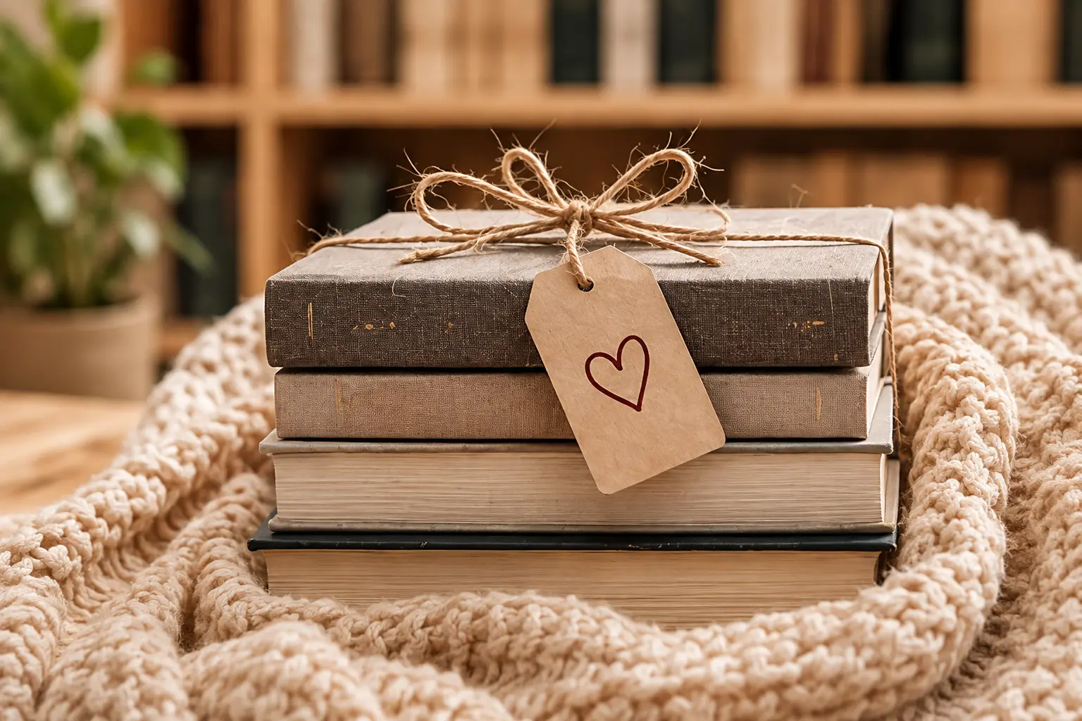 A wrapped stack of books with a heart tag